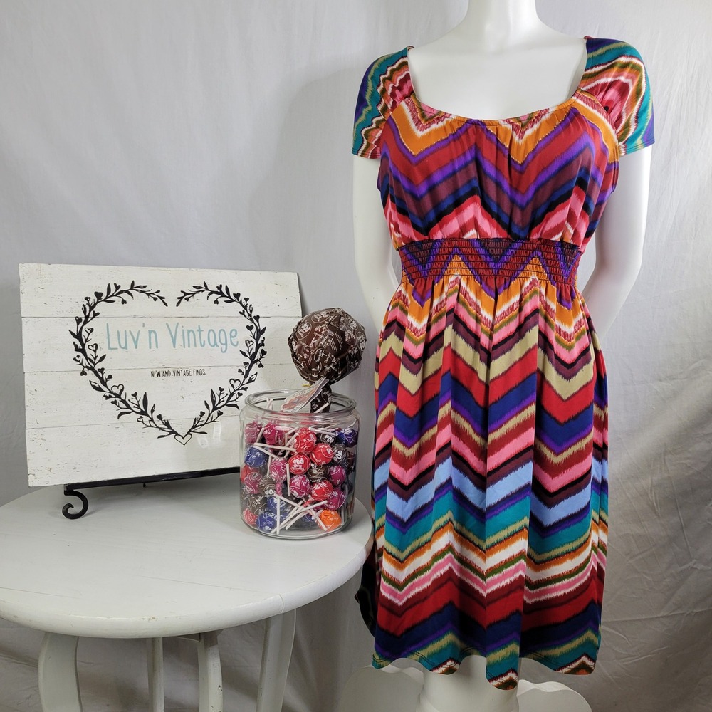 Sunny Leigh Womens Large Multicolor Chevron Ikat Smocked Waist Cap Sleeve Dress